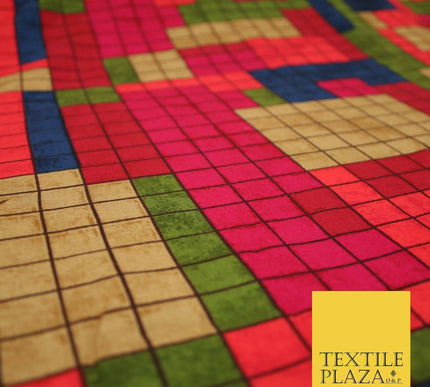 Premium Squares Check Blocks Soft 100% Rayon Viscose Dress Print Fabric Craft