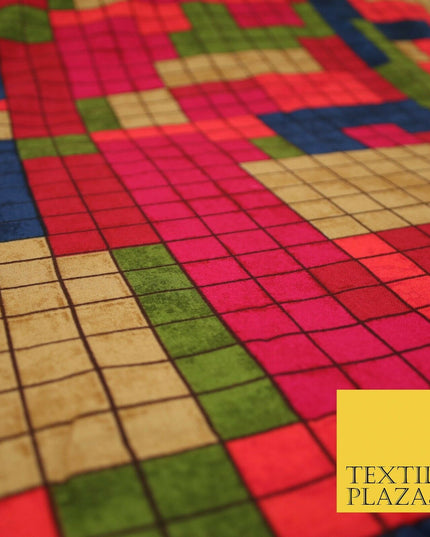 Premium Squares Check Blocks Soft 100% Rayon Viscose Dress Print Fabric Craft