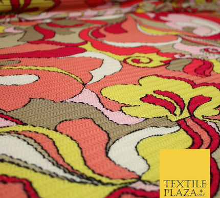 Colourful Wacky Abstract Crinkle Pleated Herringbone Cuts Stretch Dress Fabric