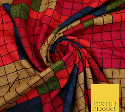 Premium Squares Check Blocks Soft 100% Rayon Viscose Dress Print Fabric Craft