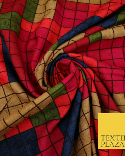 Premium Squares Check Blocks Soft 100% Rayon Viscose Dress Print Fabric Craft