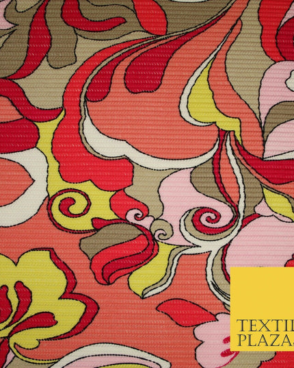 Colourful Wacky Abstract Crinkle Pleated Herringbone Cuts Stretch Dress Fabric