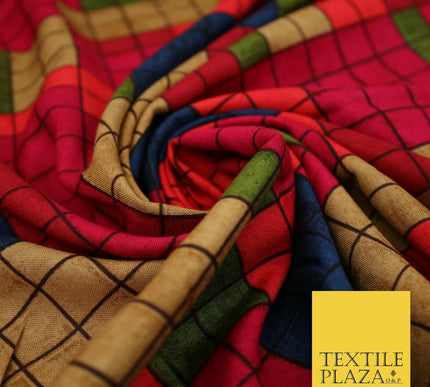 Premium Squares Check Blocks Soft 100% Rayon Viscose Dress Print Fabric Craft