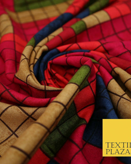 Premium Squares Check Blocks Soft 100% Rayon Viscose Dress Print Fabric Craft