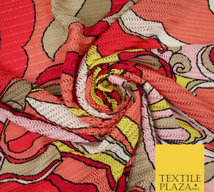 Colourful Wacky Abstract Crinkle Pleated Herringbone Cuts Stretch Dress Fabric