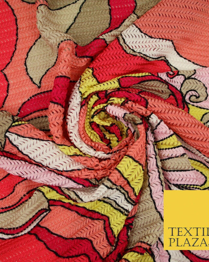 Colourful Wacky Abstract Crinkle Pleated Herringbone Cuts Stretch Dress Fabric