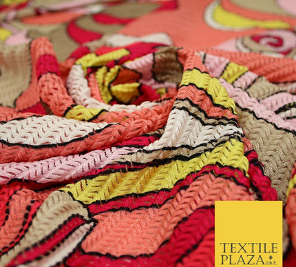 Colourful Wacky Abstract Crinkle Pleated Herringbone Cuts Stretch Dress Fabric