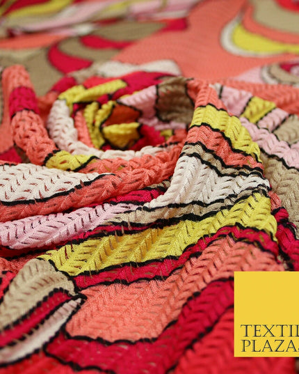 Colourful Wacky Abstract Crinkle Pleated Herringbone Cuts Stretch Dress Fabric