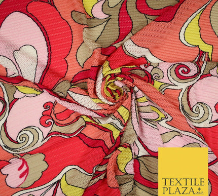 Colourful Wacky Abstract Crinkle Pleated Herringbone Cuts Stretch Dress Fabric