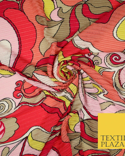 Colourful Wacky Abstract Crinkle Pleated Herringbone Cuts Stretch Dress Fabric