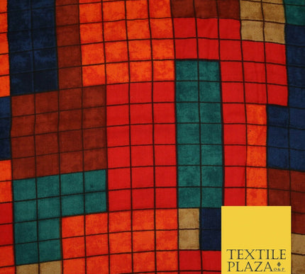 Premium Squares Check Blocks Soft 100% Rayon Viscose Dress Print Fabric Craft