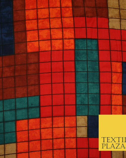 Premium Squares Check Blocks Soft 100% Rayon Viscose Dress Print Fabric Craft