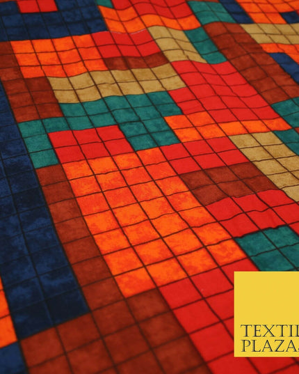 Premium Squares Check Blocks Soft 100% Rayon Viscose Dress Print Fabric Craft