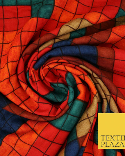 Premium Squares Check Blocks Soft 100% Rayon Viscose Dress Print Fabric Craft