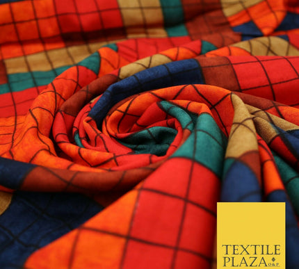 Premium Squares Check Blocks Soft 100% Rayon Viscose Dress Print Fabric Craft