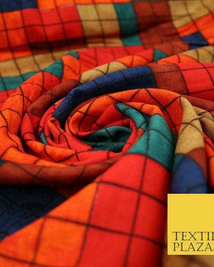 Premium Squares Check Blocks Soft 100% Rayon Viscose Dress Print Fabric Craft