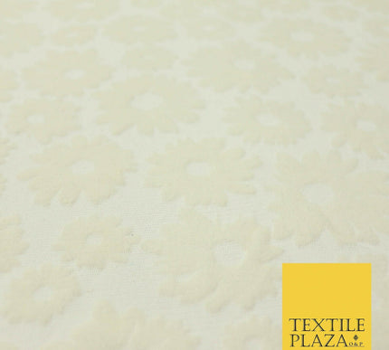 Ivory Cream Floral Flower Velour Flocked Power Mesh Net Stretch Fabric 58" 4321