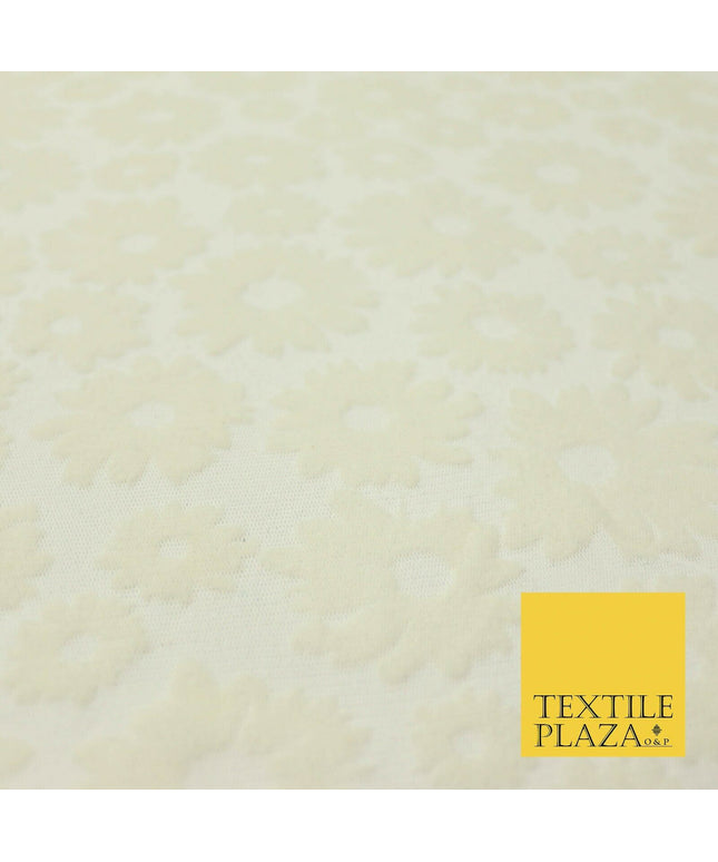 Ivory Cream Floral Flower Velour Flocked Power Mesh Net Stretch Fabric 58" 4321