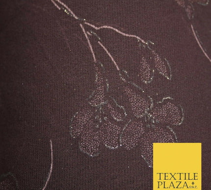 Deep Plum Falling Glitter Flowers Print Power Mesh Net Stretch Dress Fabric 4308