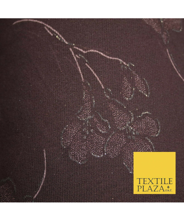 Deep Plum Falling Glitter Flowers Print Power Mesh Net Stretch Dress Fabric 4308