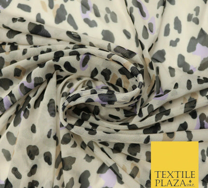 Beige Lilac Leopard Animal Print Printed Power Mesh Net Stretch Fabric 58" 4318