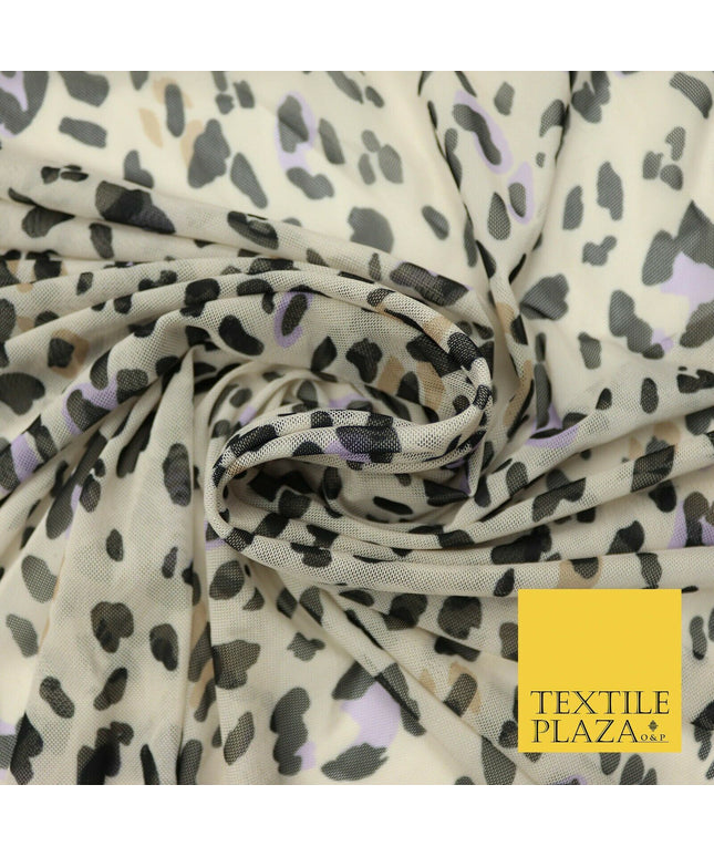 Beige Lilac Leopard Animal Print Printed Power Mesh Net Stretch Fabric 58" 4318