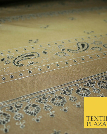 Brown Shaded Metallic Paisley Borders Power Mesh Net Stretch Dress Fabric 4310