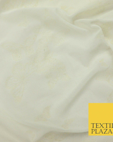 Ivory Cream Butterfly Flocked Printed Power Mesh Net Stretch Fabric 63" 4320