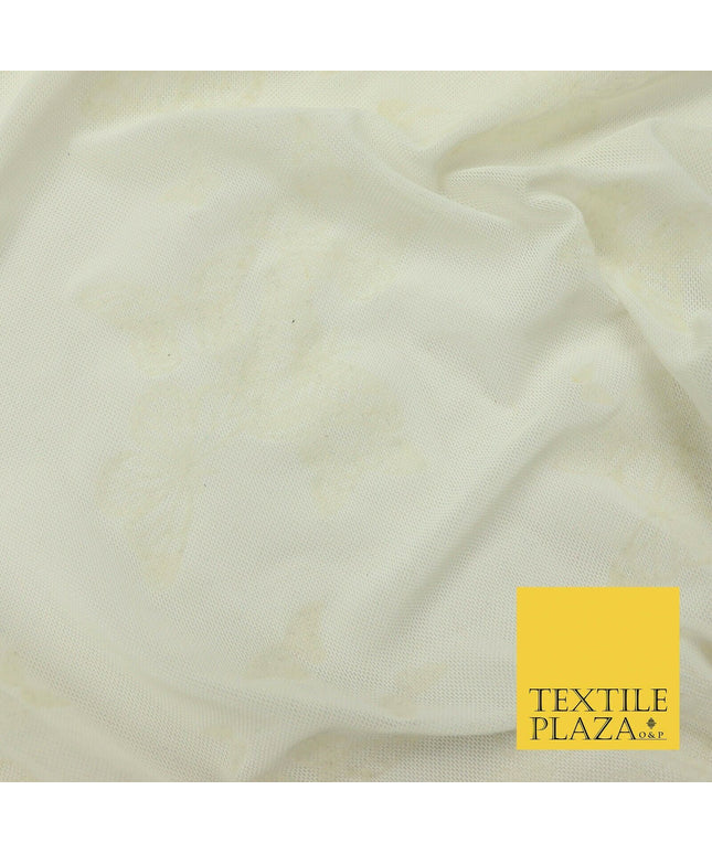 Ivory Cream Butterfly Flocked Printed Power Mesh Net Stretch Fabric 63" 4320