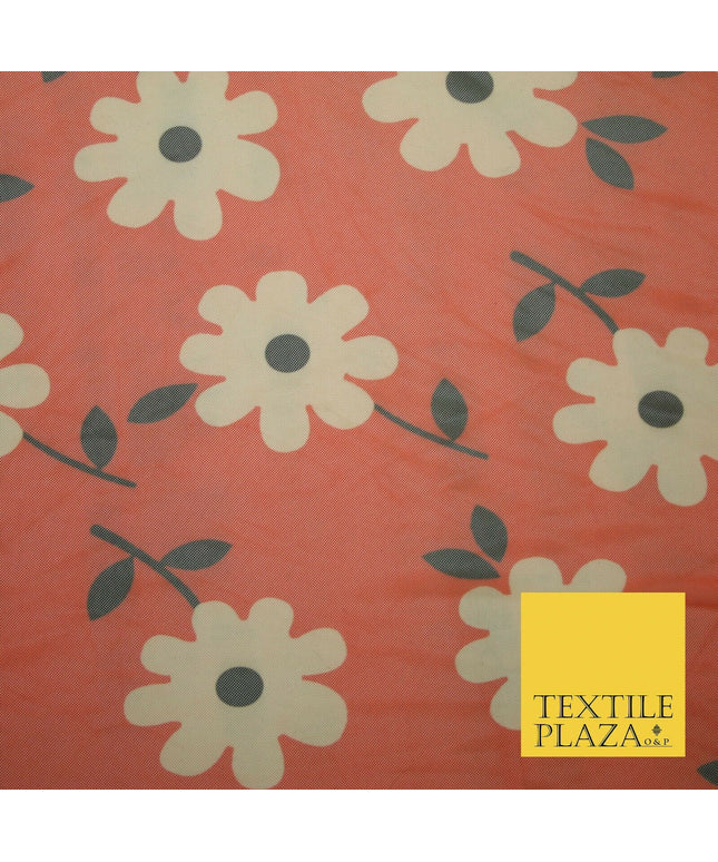Red Cute Falling Flowers Printed Power Mesh Net Stretch Dress Fabric 61" 4305