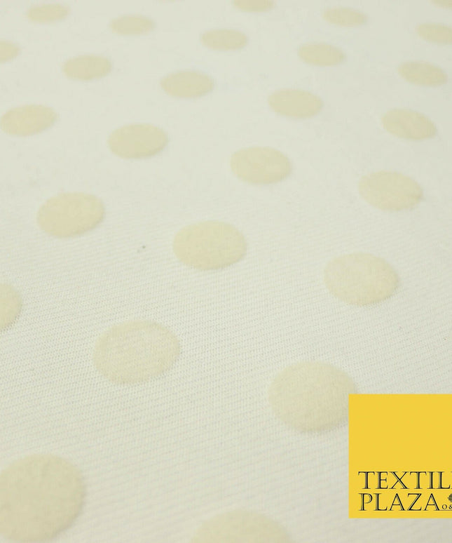 Ivory Cream 2cm Spotted Circle Velour Flocked Power Mesh Net Stretch Fabric 4323