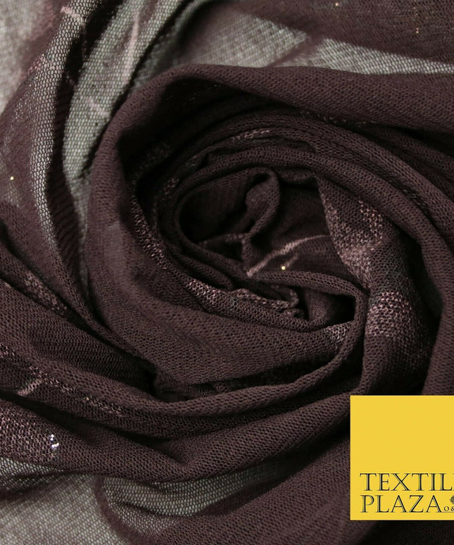 Deep Plum Falling Glitter Flowers Print Power Mesh Net Stretch Dress Fabric 4308