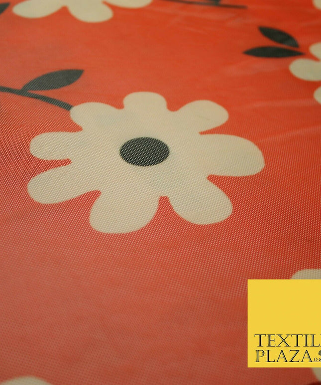 Red Cute Falling Flowers Printed Power Mesh Net Stretch Dress Fabric 61" 4305