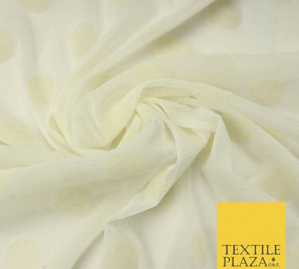 Ivory Cream 2cm Spotted Circle Velour Flocked Power Mesh Net Stretch Fabric 4323