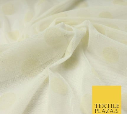 Ivory Cream 2cm Spotted Circle Velour Flocked Power Mesh Net Stretch Fabric 4323