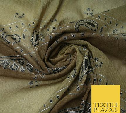 Brown Shaded Metallic Paisley Borders Power Mesh Net Stretch Dress Fabric 4310