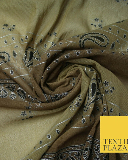 Brown Shaded Metallic Paisley Borders Power Mesh Net Stretch Dress Fabric 4310