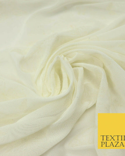 Ivory Cream Butterfly Flocked Printed Power Mesh Net Stretch Fabric 63" 4320