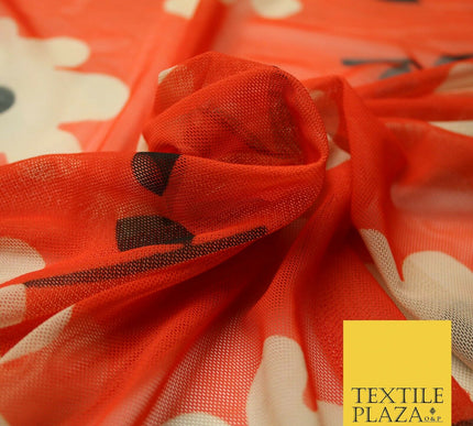 Red Cute Falling Flowers Printed Power Mesh Net Stretch Dress Fabric 61" 4305