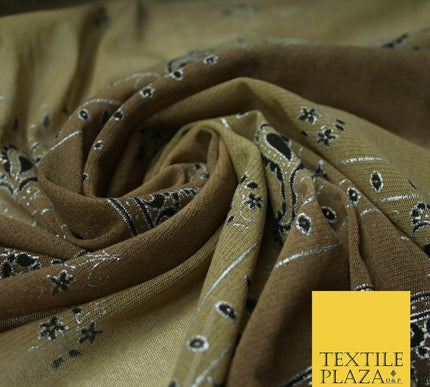 Brown Shaded Metallic Paisley Borders Power Mesh Net Stretch Dress Fabric 4310