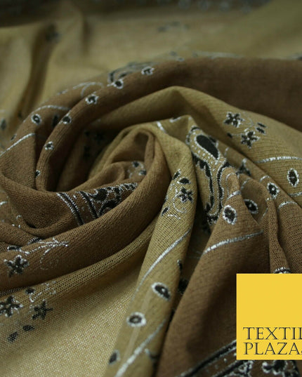 Brown Shaded Metallic Paisley Borders Power Mesh Net Stretch Dress Fabric 4310