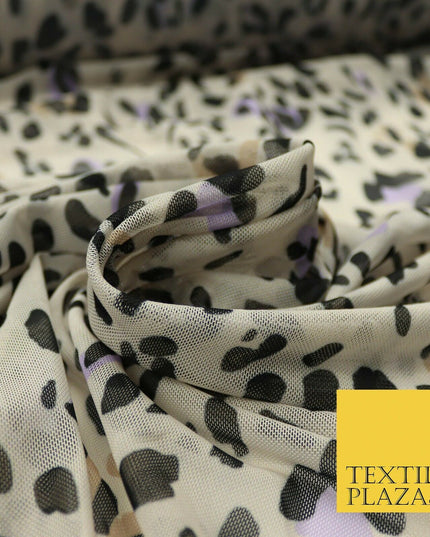 Beige Lilac Leopard Animal Print Printed Power Mesh Net Stretch Fabric 58" 4318