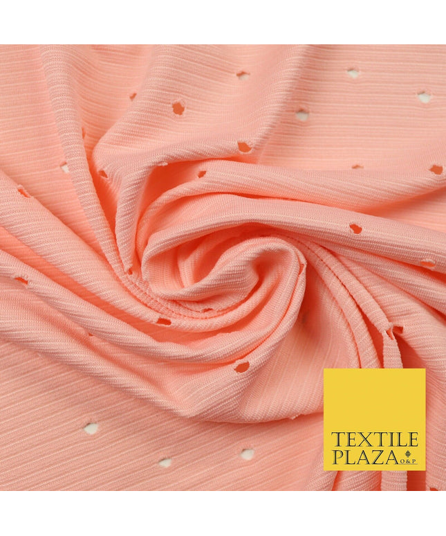 Peach 4mm Circular Cut Holes Striped Stretch Jersey Dress Fabric 62" Wide 4340