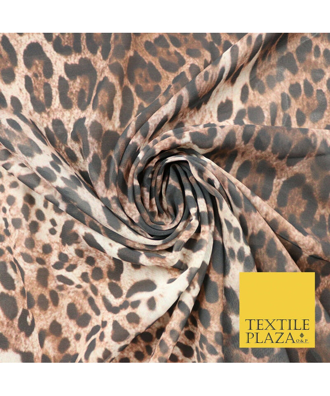 Brown Shaded Leopard Cheetah Spot Animal Print Georgette Dress Fabric Craft 4354