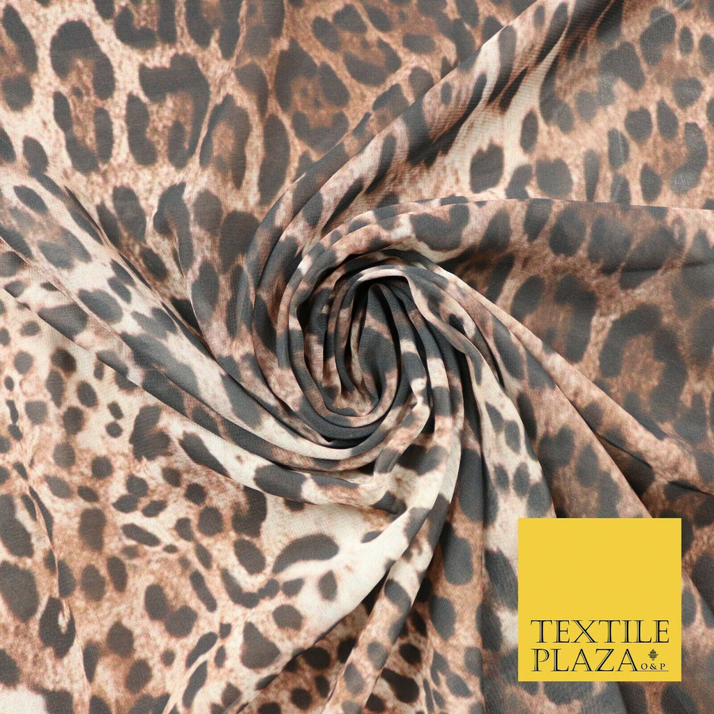 Brown Shaded Leopard Cheetah Spot Animal Print Georgette Dress Fabric Craft 4354
