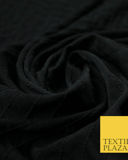 Black Dot Tramlines Ribbed Design Stretch Jersey Fabric Dress Material 55" 4439