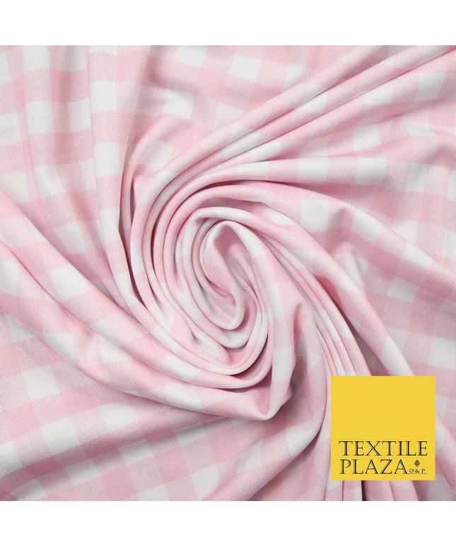 Premium Baby Pink White Gingham Check Printed Scuba Jersey Fabric Craft 57" 4423