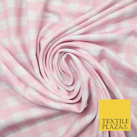 Premium Baby Pink White Gingham Check Printed Scuba Jersey Fabric Craft 57" 4423