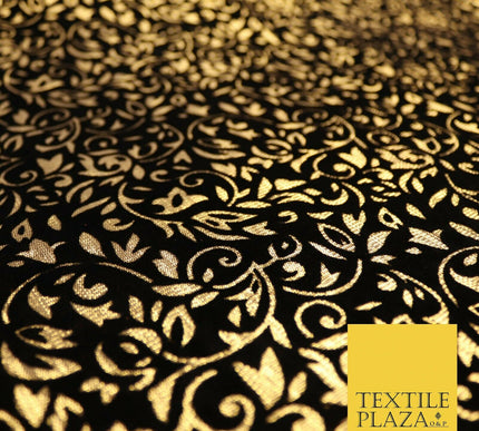 Ornate Floral Flocked Burnout Metallic Shiny Gold Lame Fabric 8 COLOURS 44" Wide