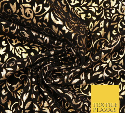 Ornate Floral Flocked Burnout Metallic Shiny Gold Lame Fabric 8 COLOURS 44" Wide